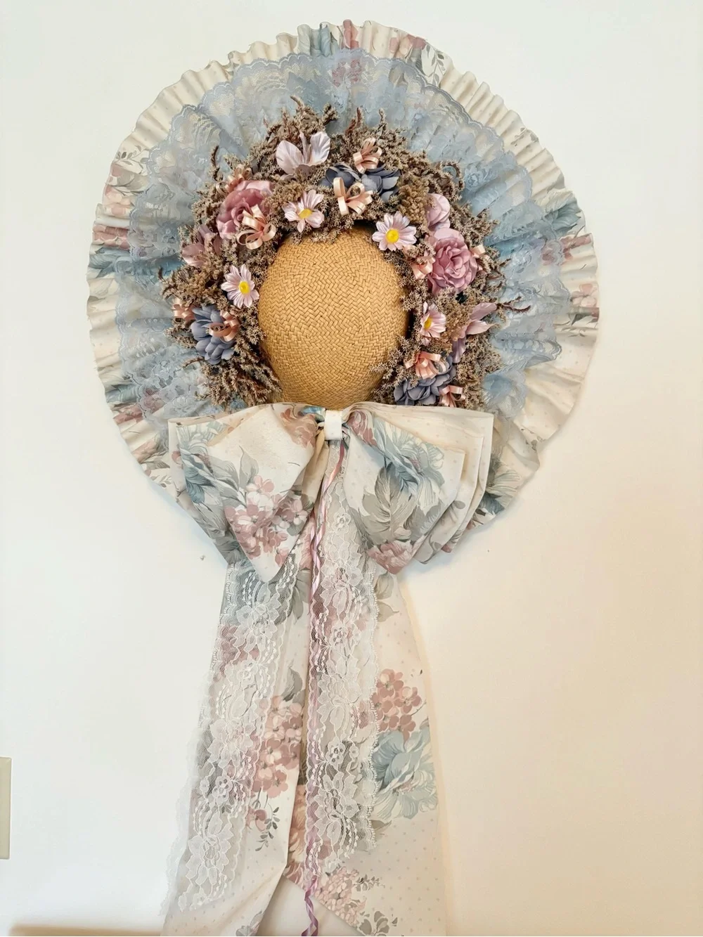 Vintage Cottagecore Handmade Straw Bonnet Wall Hanging Decor